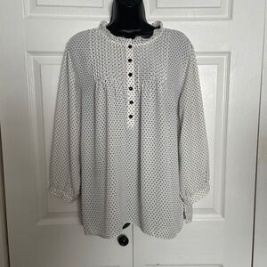 Carolina Belle Montreal Polka Dot Shirt Women XL White Black Ruffle Neck Pleated